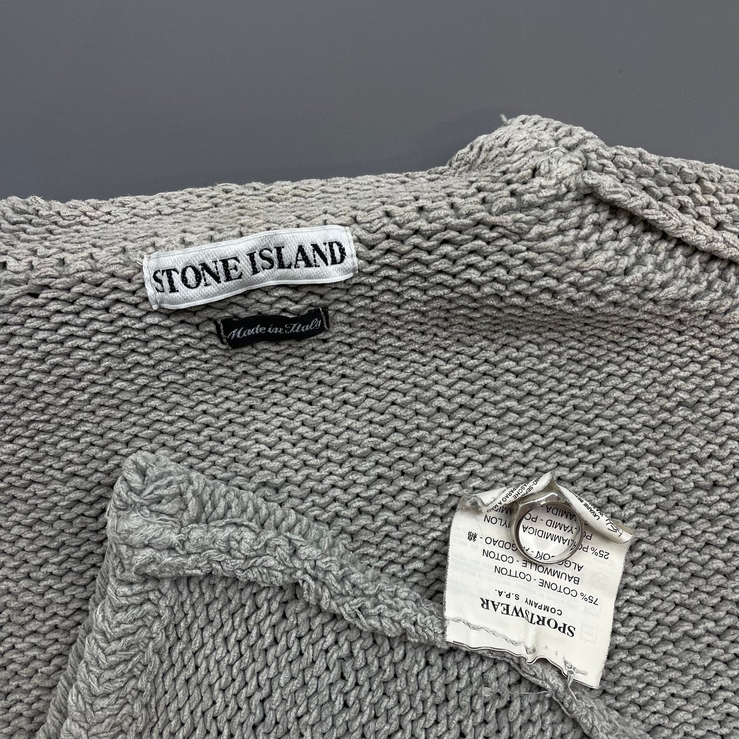 Stone Island Grey AW98 Chenille Crewneck Knit Green Edge Badge Jumper