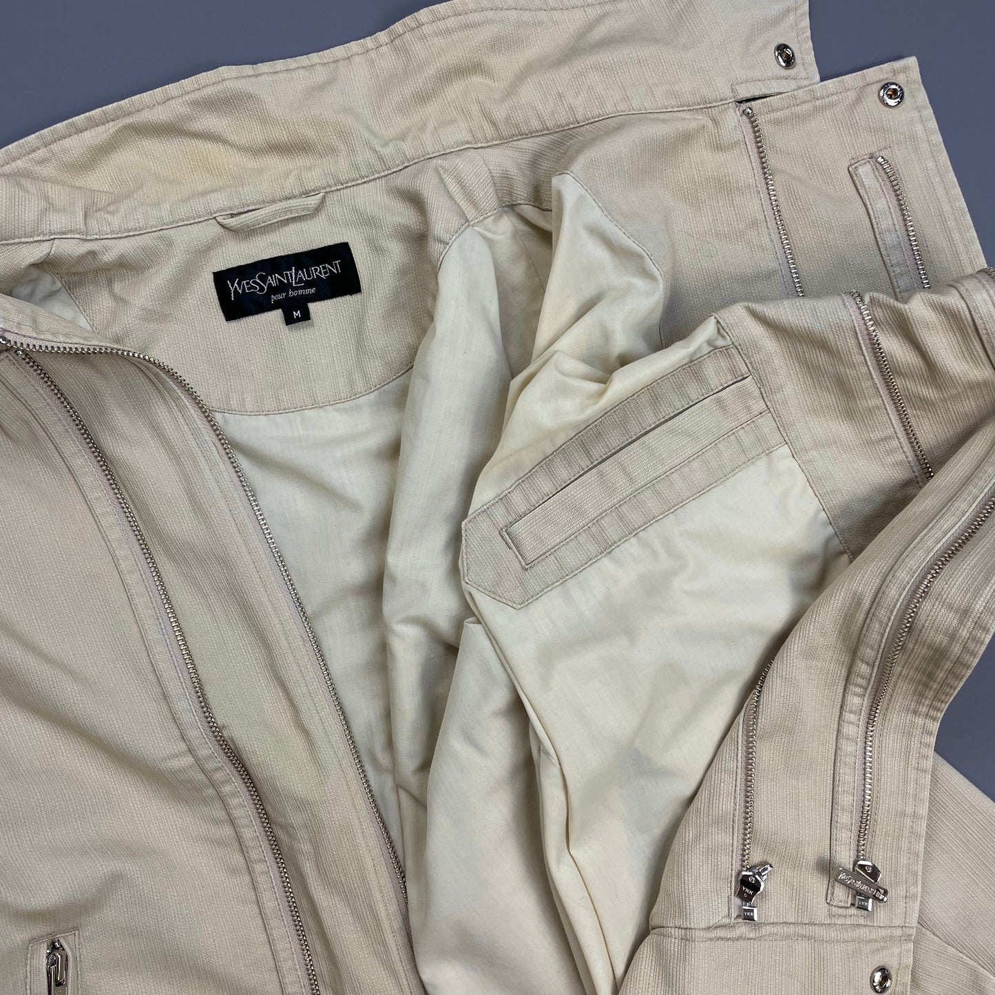 Yves Saint Laurent Homme Cream Dual Asymmetrical-Zip Harrington Jacket