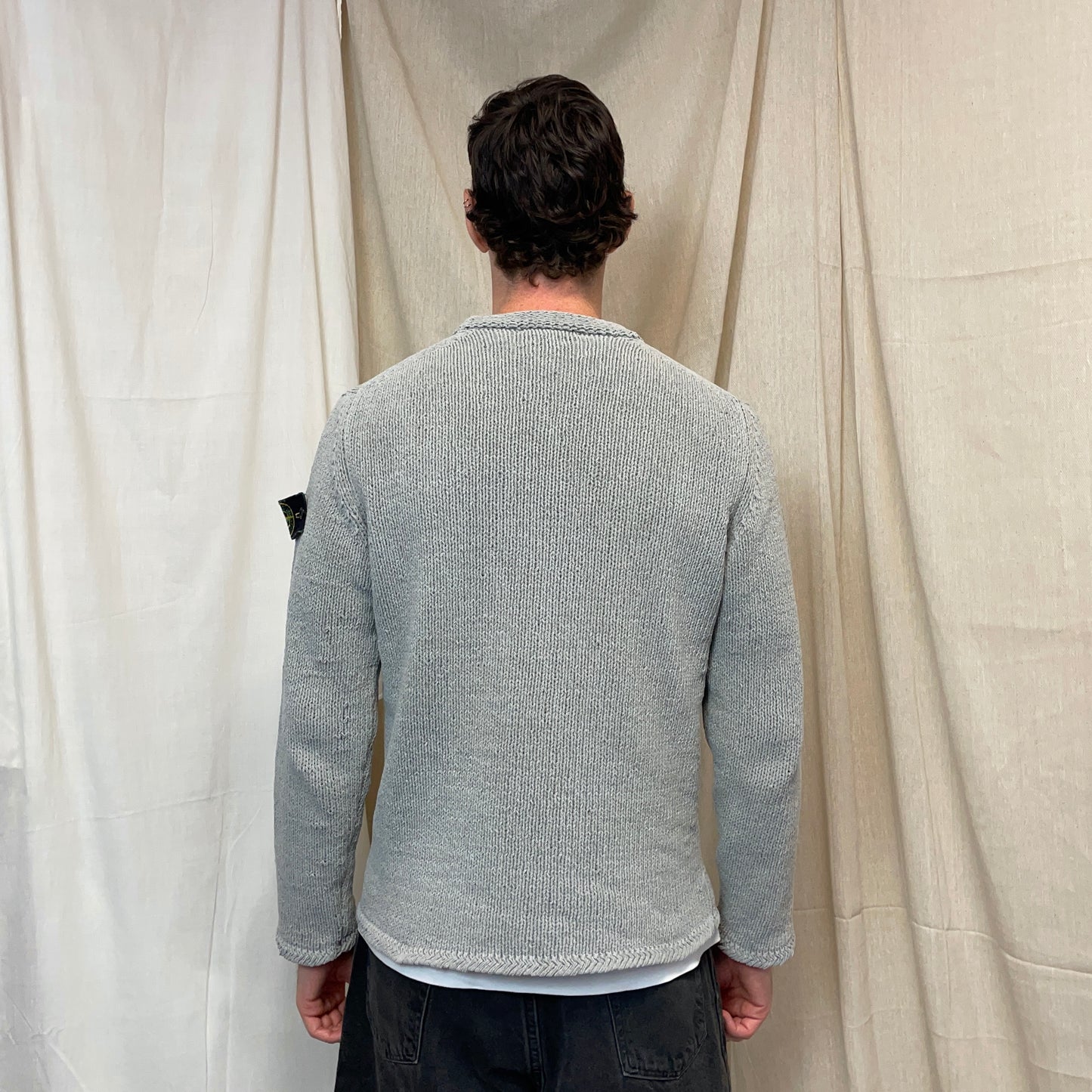 Stone Island Grey AW98 Chenille Crewneck Knit Green Edge Badge Jumper
