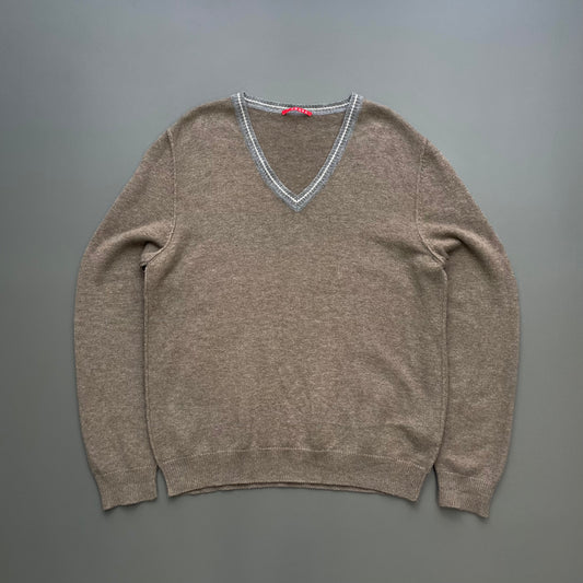 Prada Sport Brown Wool Knit & Leather Suede V-Neck Jumper