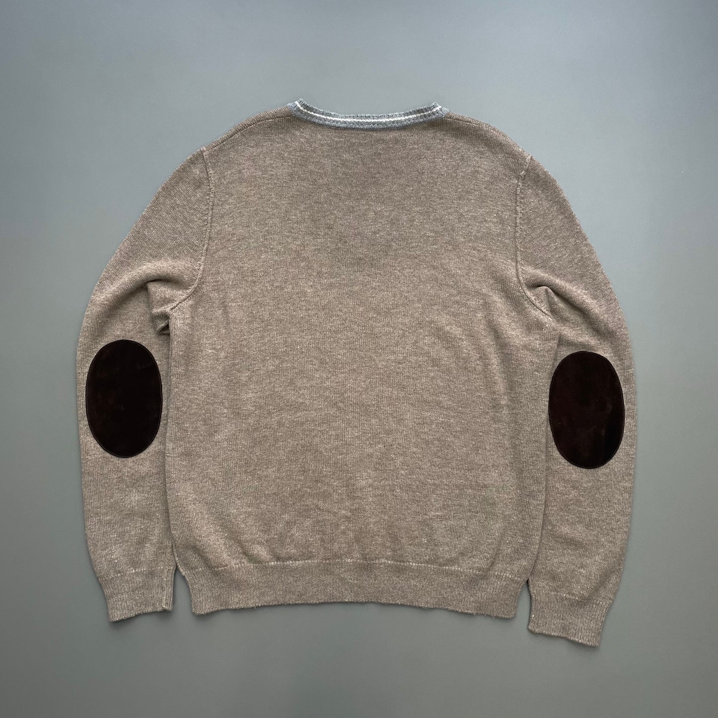 Prada Sport Brown Wool Knit & Leather Suede V-Neck Jumper