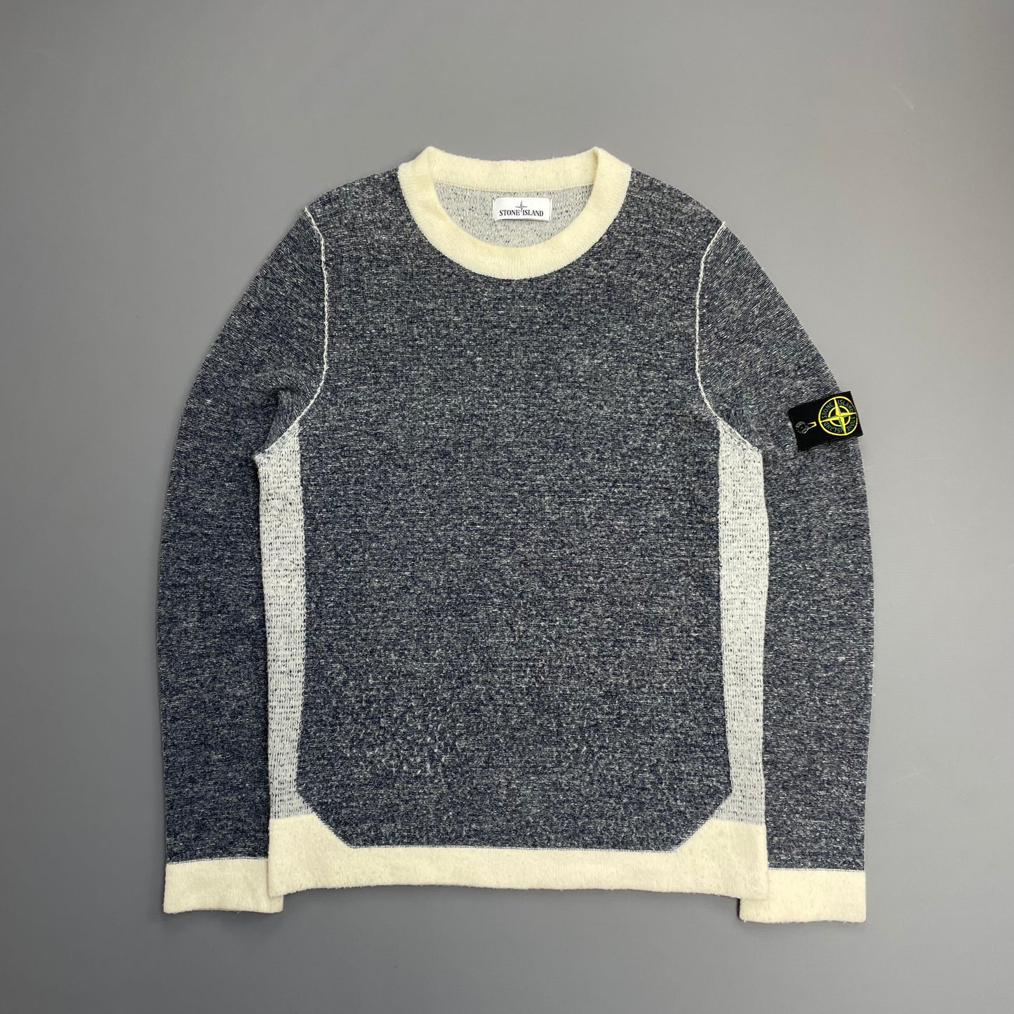 Stone Island Cream & Grey AW17 Wool Blend Tri-Tone Knit Crewneck Jumper