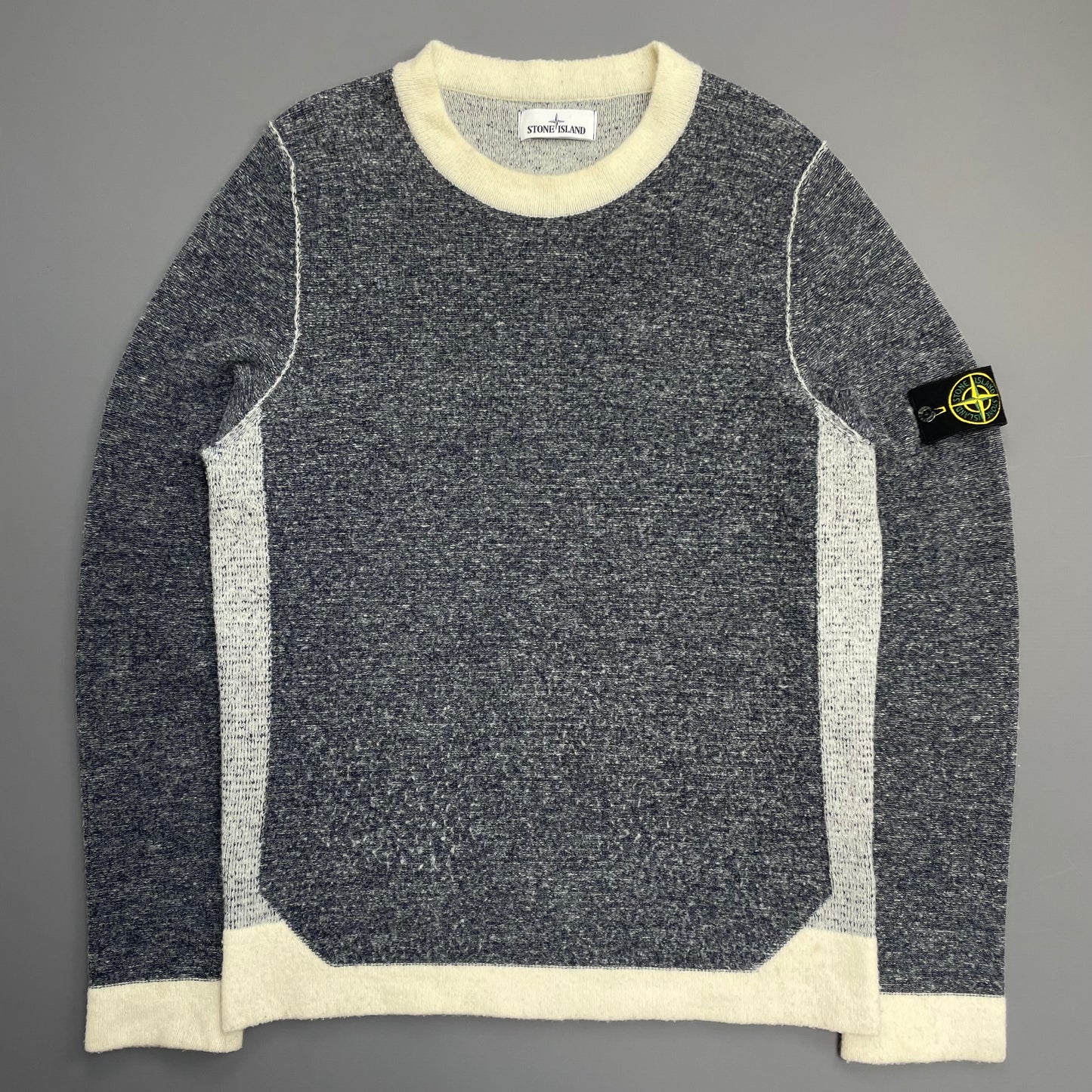 Stone Island Cream & Grey AW17 Wool Blend Tri-Tone Knit Crewneck Jumper
