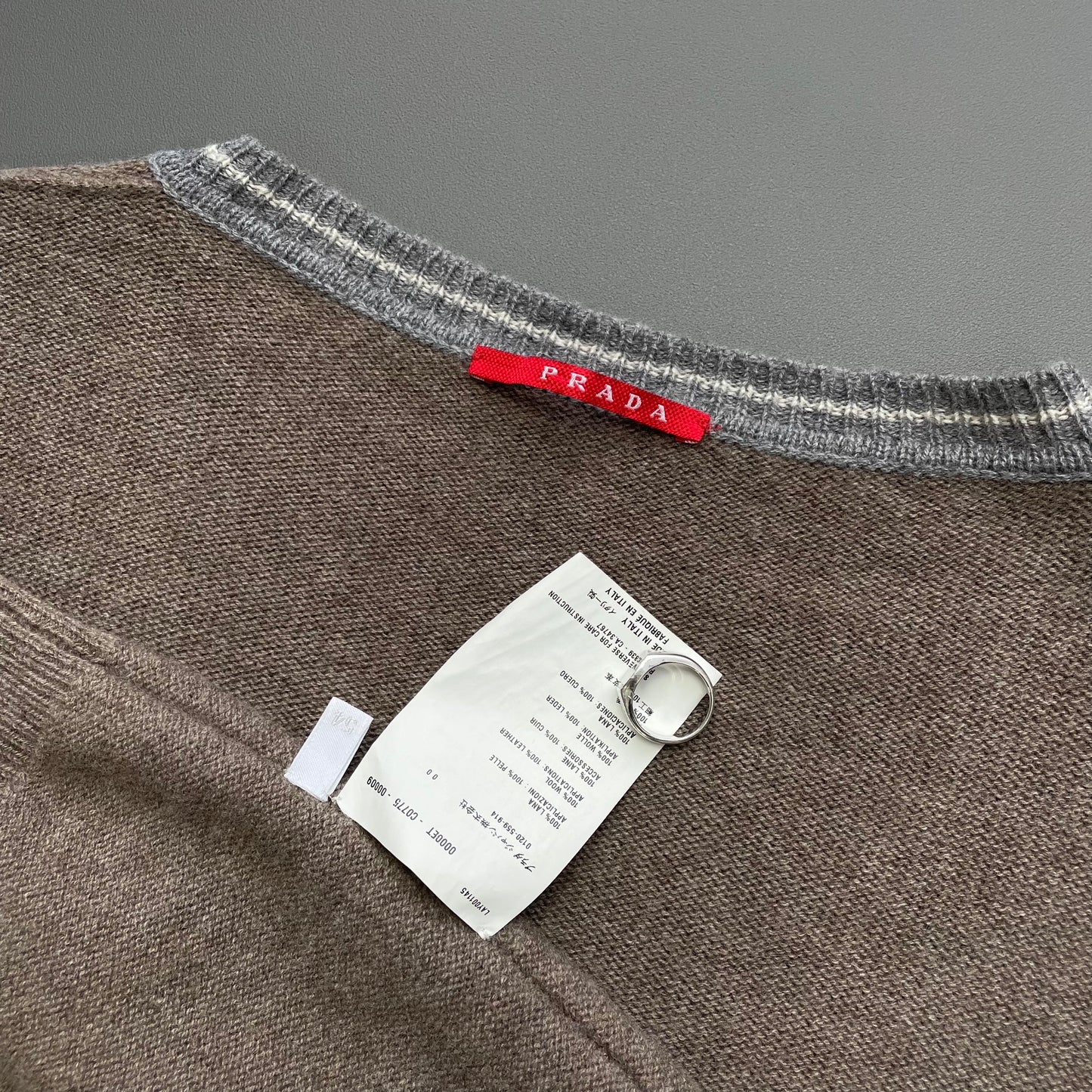 Prada Sport Brown Wool Knit & Leather Suede V-Neck Jumper