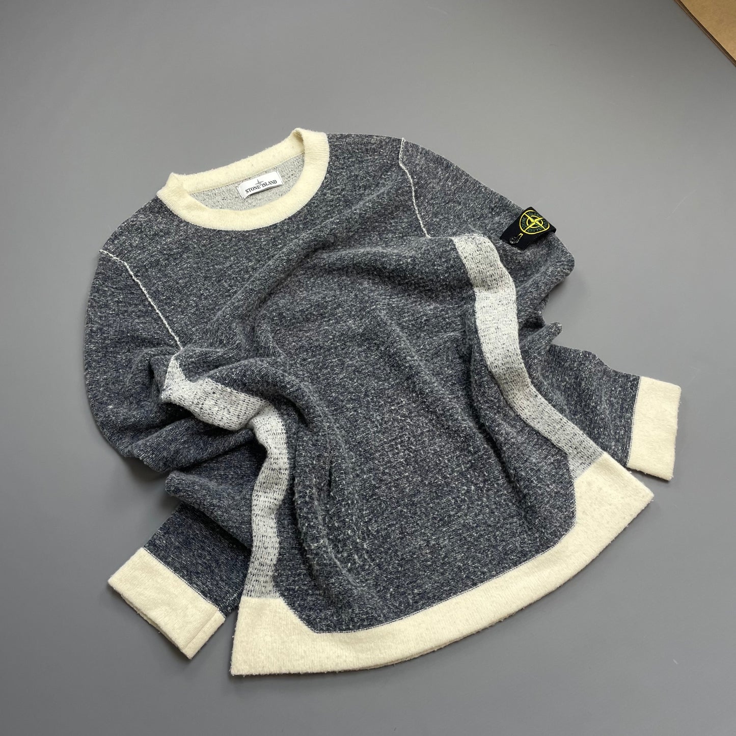 Stone Island Cream & Grey AW17 Wool Blend Tri-Tone Knit Crewneck Jumper
