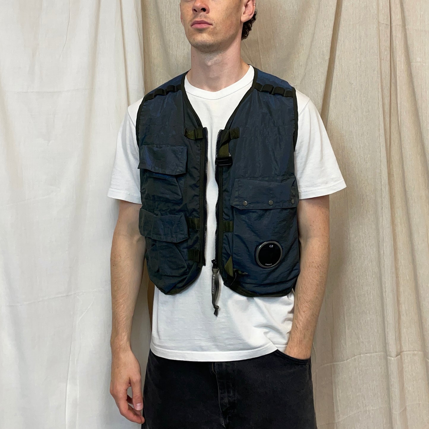 C.P. Company Khaki & Blue P.Ri.S.M Ripstop Tactical Gilet Lens Vest