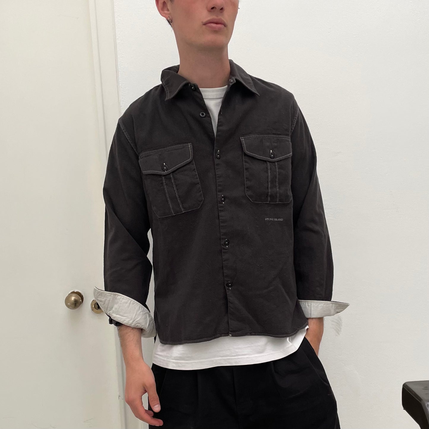 Stone Island Brown 00s Wool Contrast Stitch Shirt