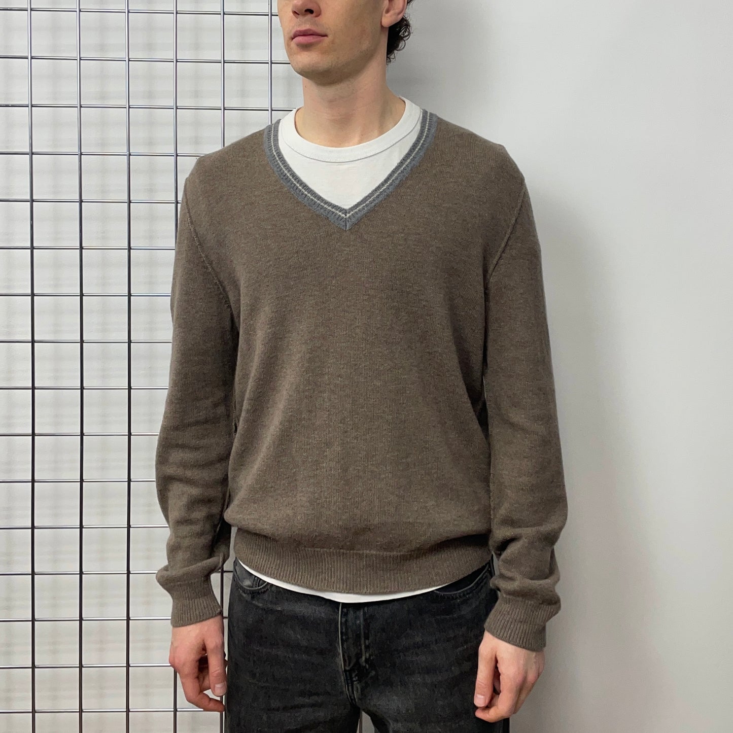 Prada Sport Brown Wool Knit & Leather Suede V-Neck Jumper