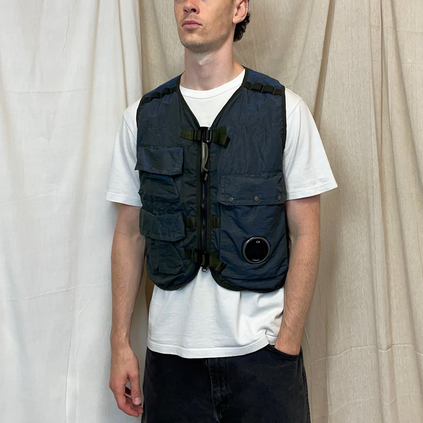 C.P. Company Khaki & Blue P.Ri.S.M Ripstop Tactical Gilet Lens Vest