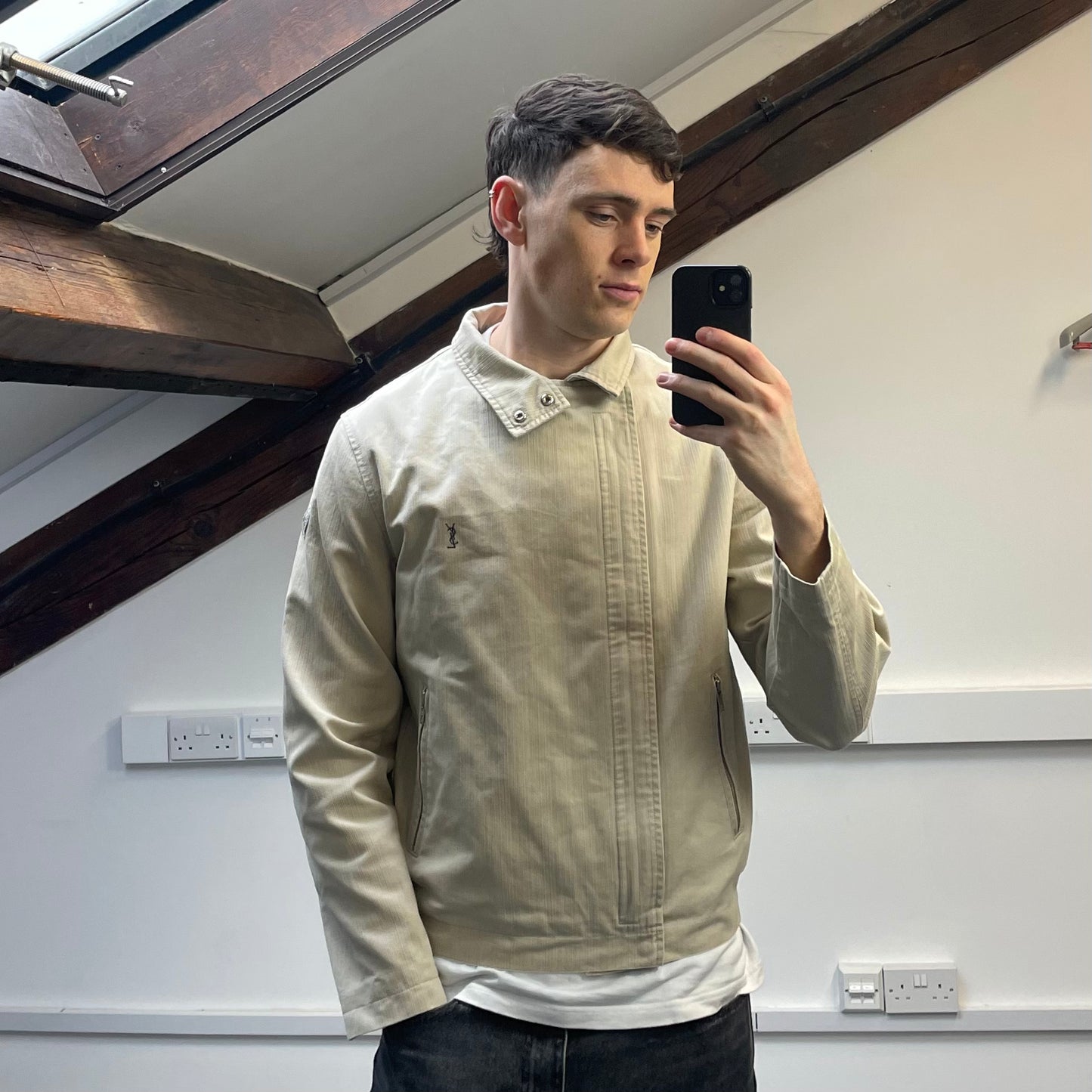 Yves Saint Laurent Homme Cream Dual Asymmetrical-Zip Harrington Jacket