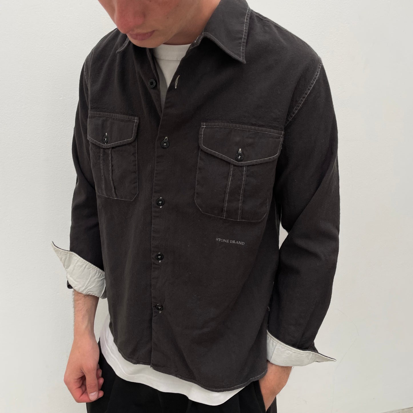 Stone Island Brown 00s Wool Contrast Stitch Shirt