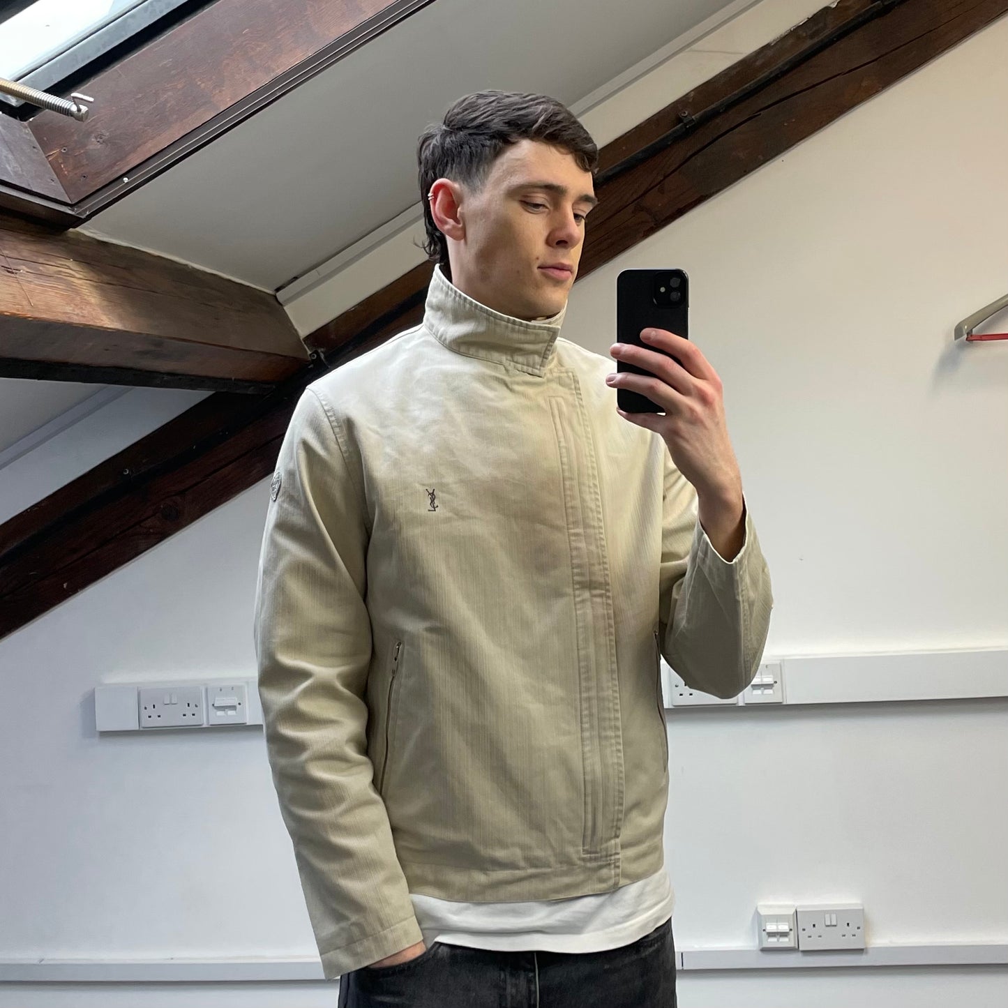 Yves Saint Laurent Homme Cream Dual Asymmetrical-Zip Harrington Jacket