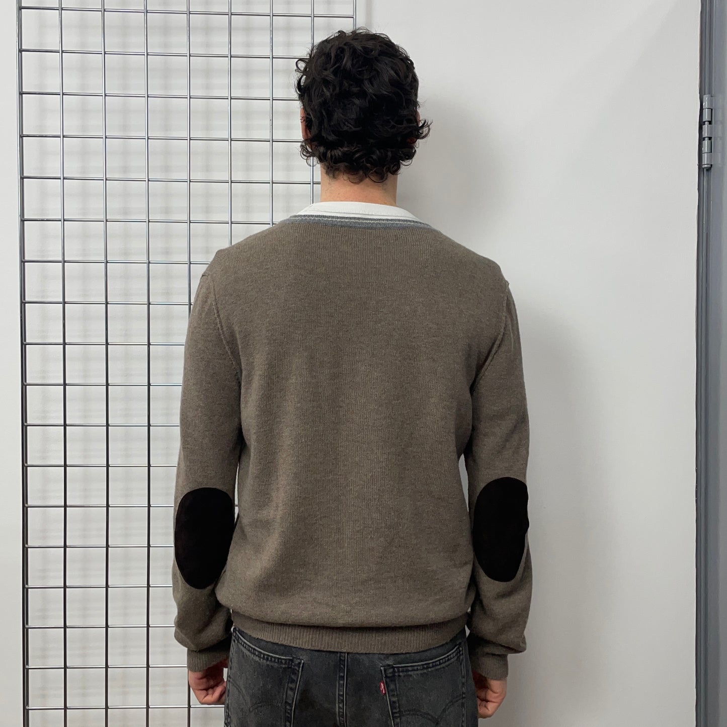 Prada Sport Brown Wool Knit & Leather Suede V-Neck Jumper