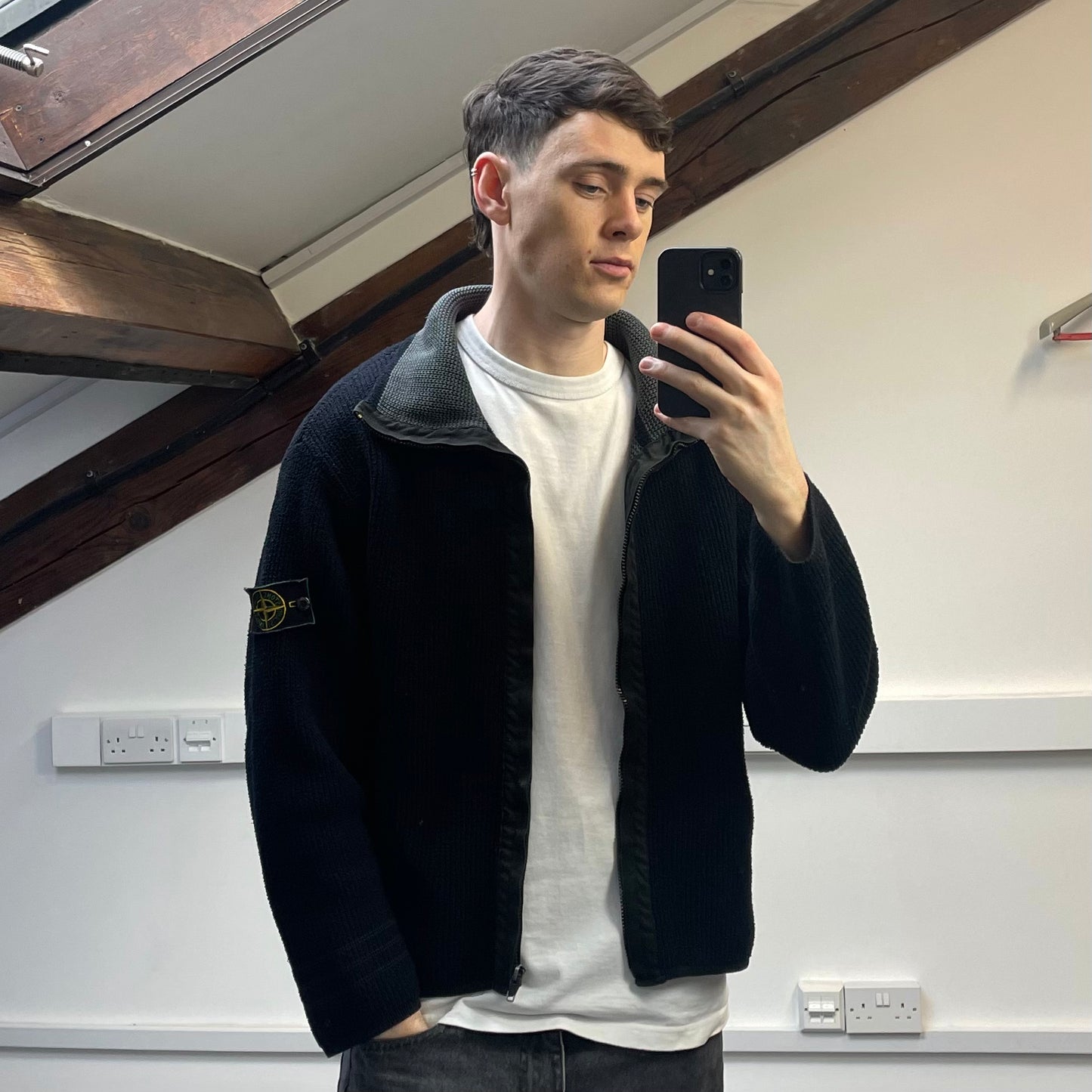 Stone Island Black/Grey AW98 Chenille Knit Zip-Through Green Edge Badge Cardigan Jacket