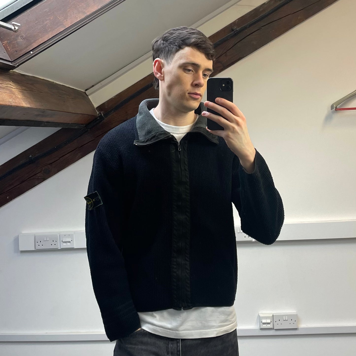 Stone Island Black/Grey AW98 Chenille Knit Zip-Through Green Edge Badge Cardigan Jacket