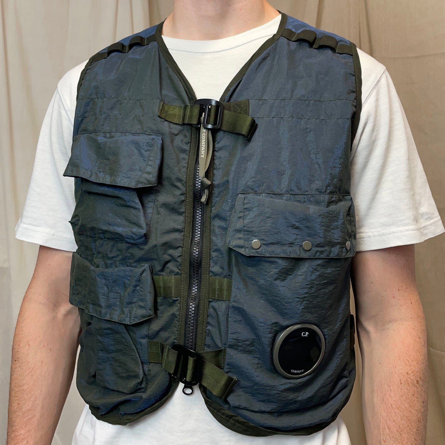 C.P. Company Khaki & Blue P.Ri.S.M Ripstop Tactical Gilet Lens Vest