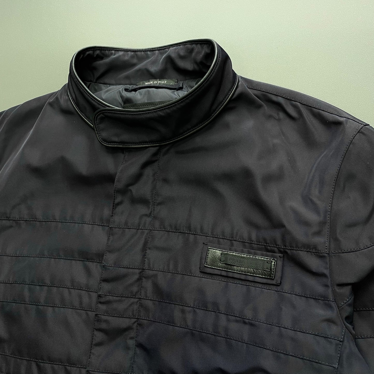 Prada Navy 2007 Leather Trim Biker Jacket