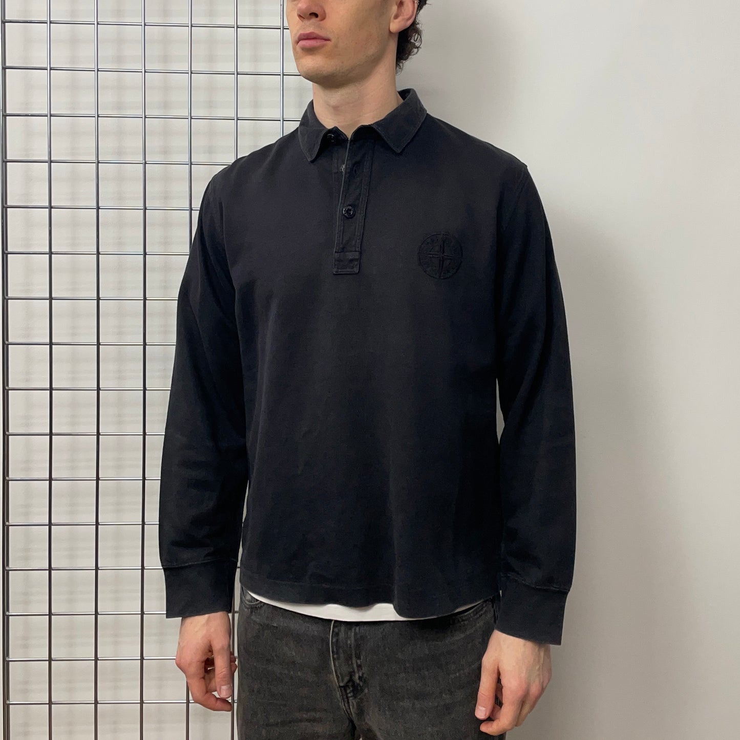 Stone Island Black SS05 Coated Cotton Longsleeve Polo Shirt