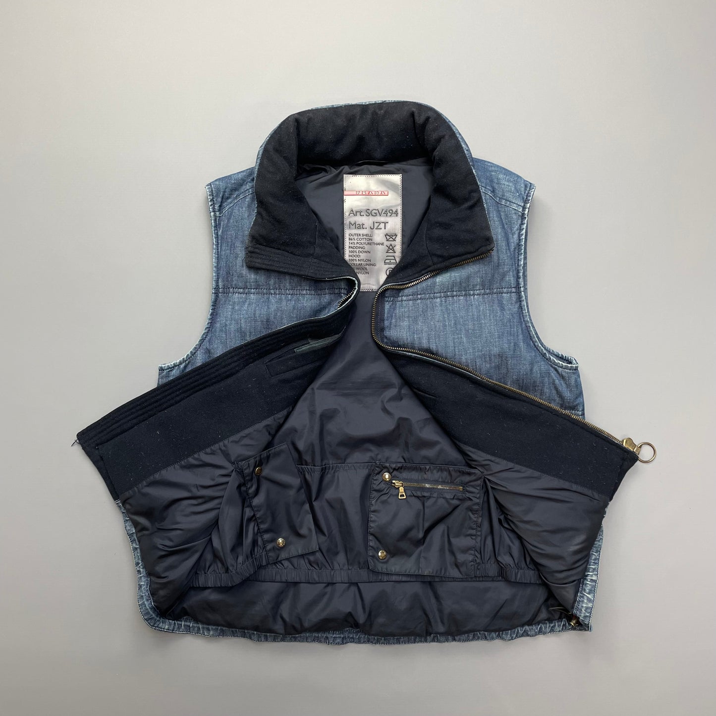Prada Sport Blue Denim Down-Padded Gilet w/ Concealed Hood