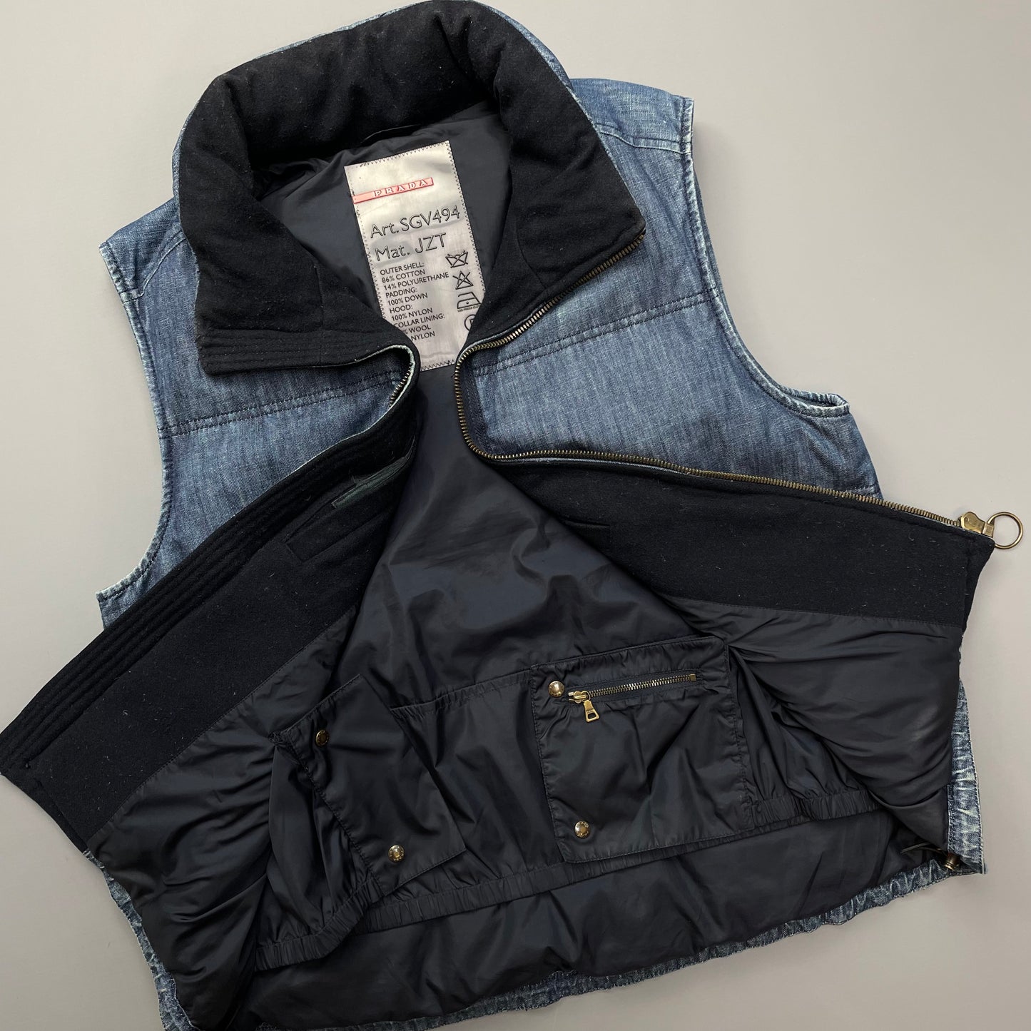 Prada Sport Blue Denim Down-Padded Gilet w/ Concealed Hood