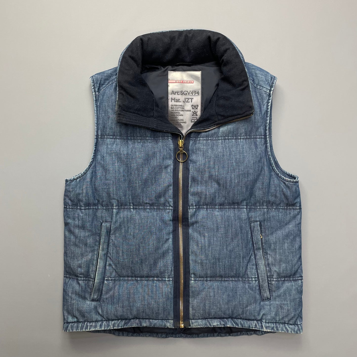 Prada Sport Blue Denim Down-Padded Gilet w/ Concealed Hood