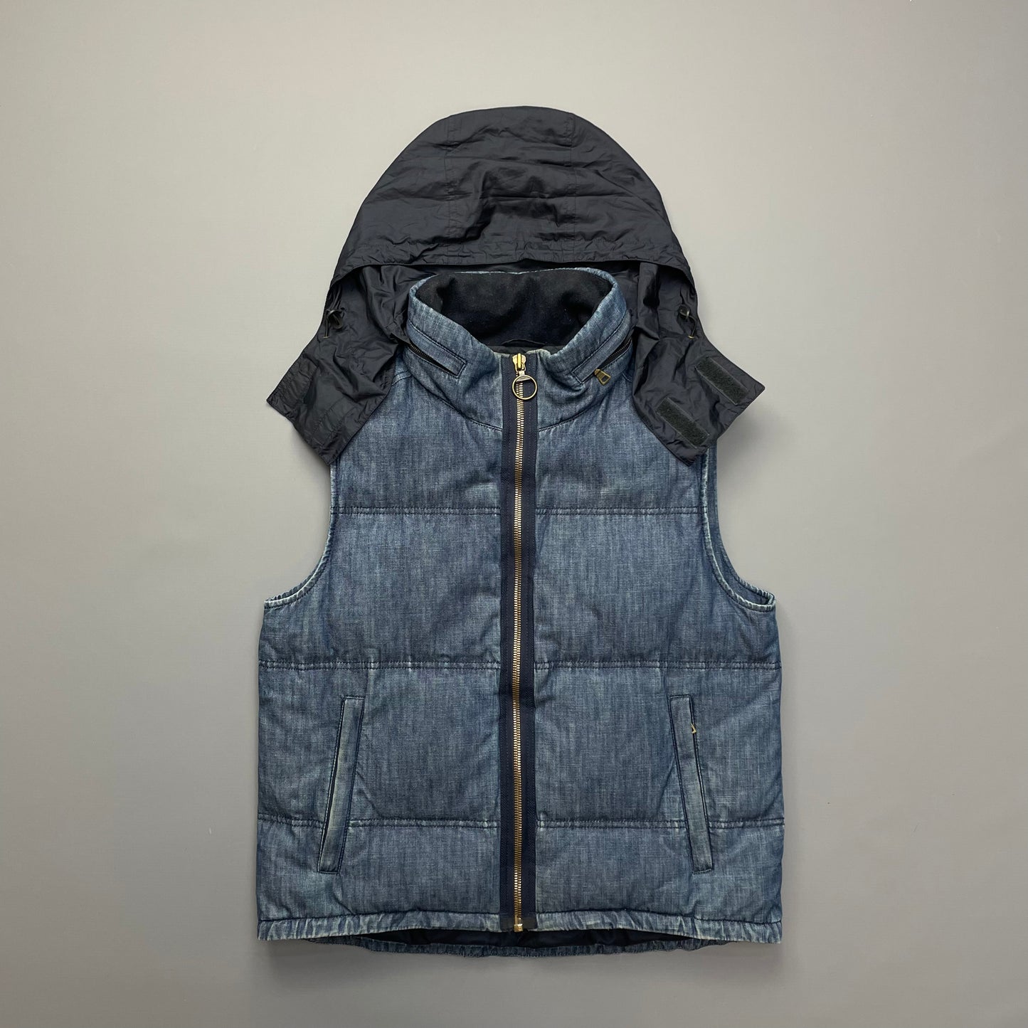 Prada Sport Blue Denim Down-Padded Gilet w/ Concealed Hood