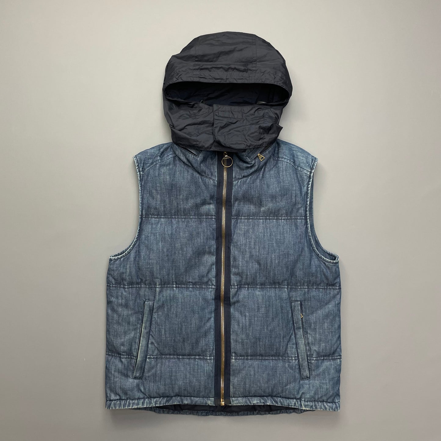 Prada Sport Blue Denim Down-Padded Gilet w/ Concealed Hood
