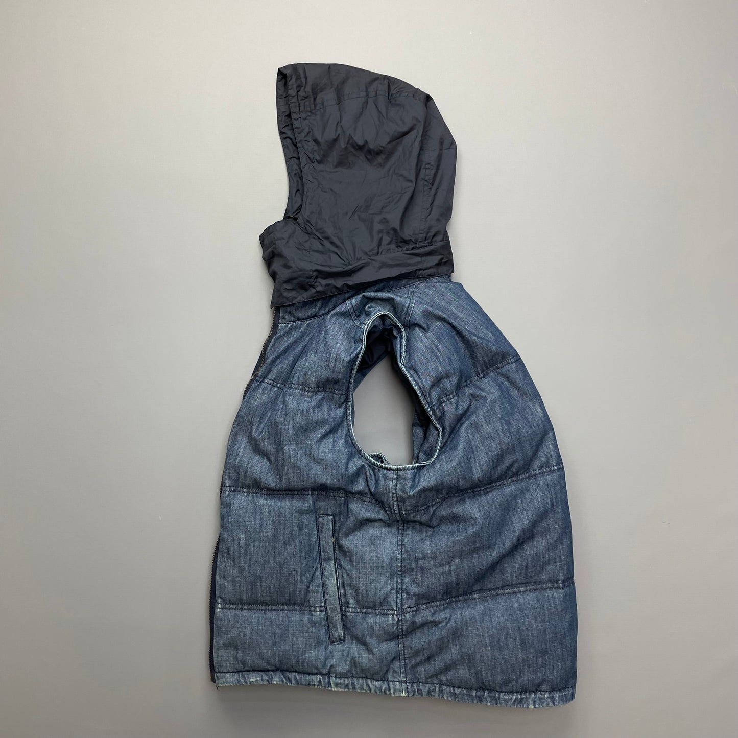 Prada Sport Blue Denim Down-Padded Gilet w/ Concealed Hood