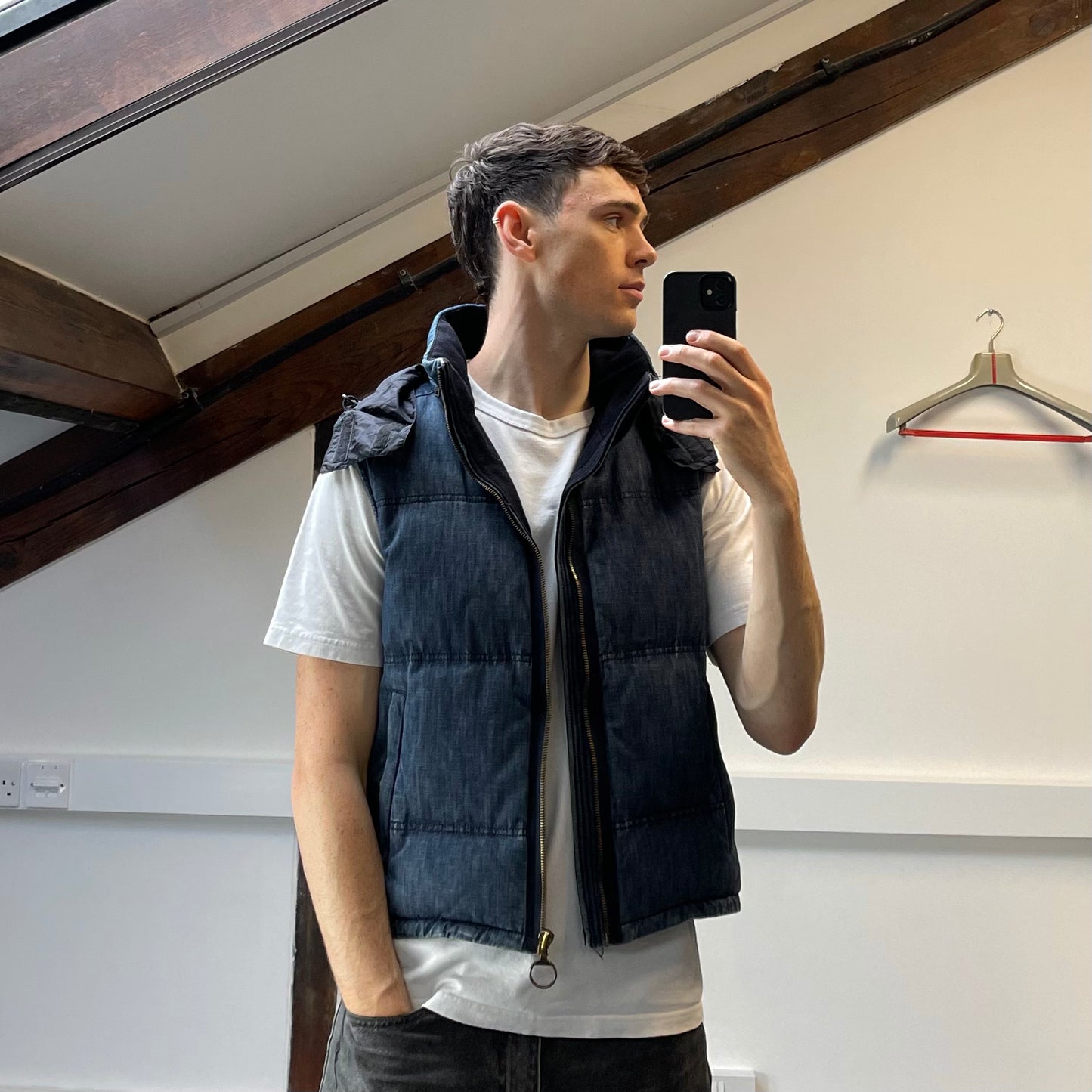 Prada Sport Blue Denim Down-Padded Gilet w/ Concealed Hood