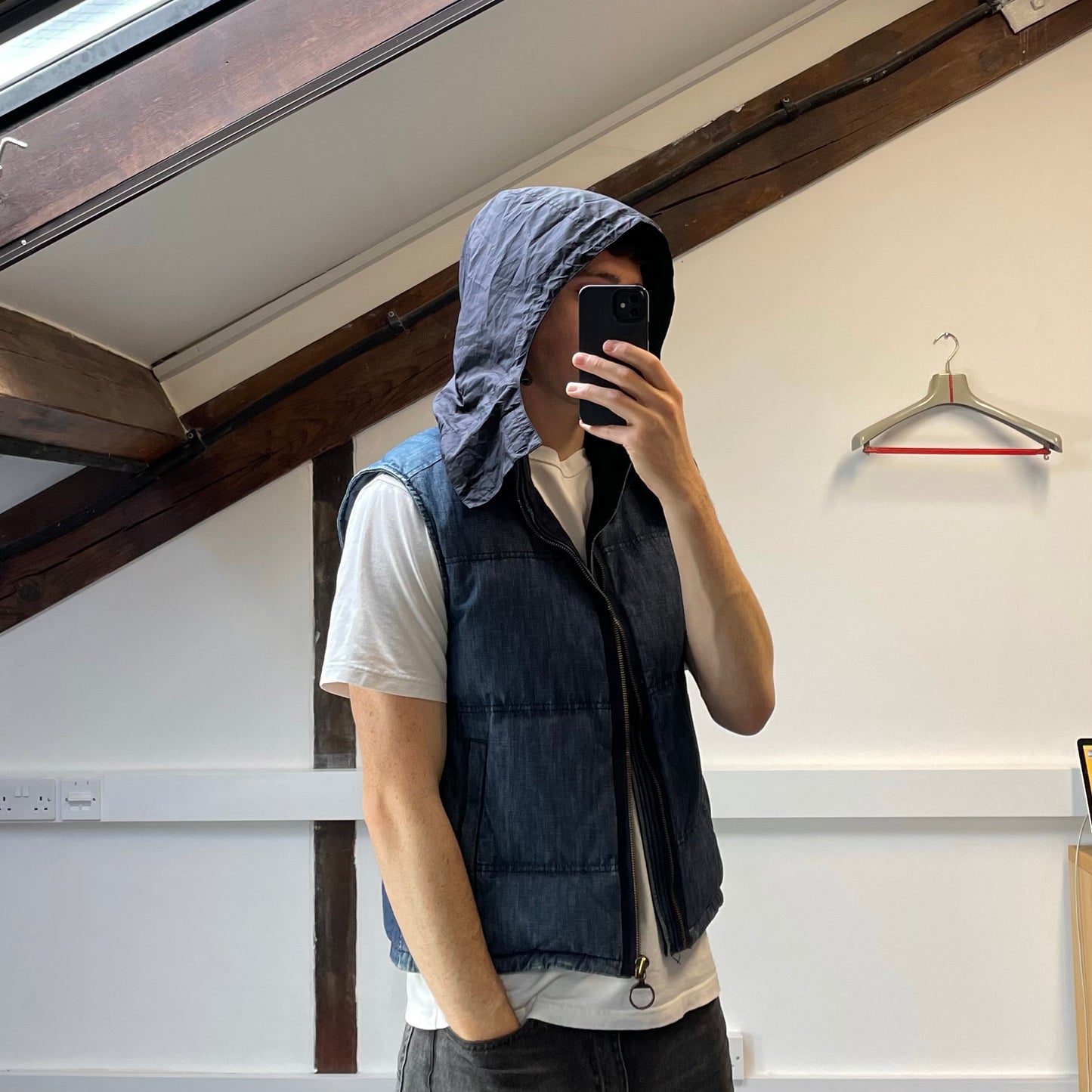 Prada Sport Blue Denim Down-Padded Gilet w/ Concealed Hood
