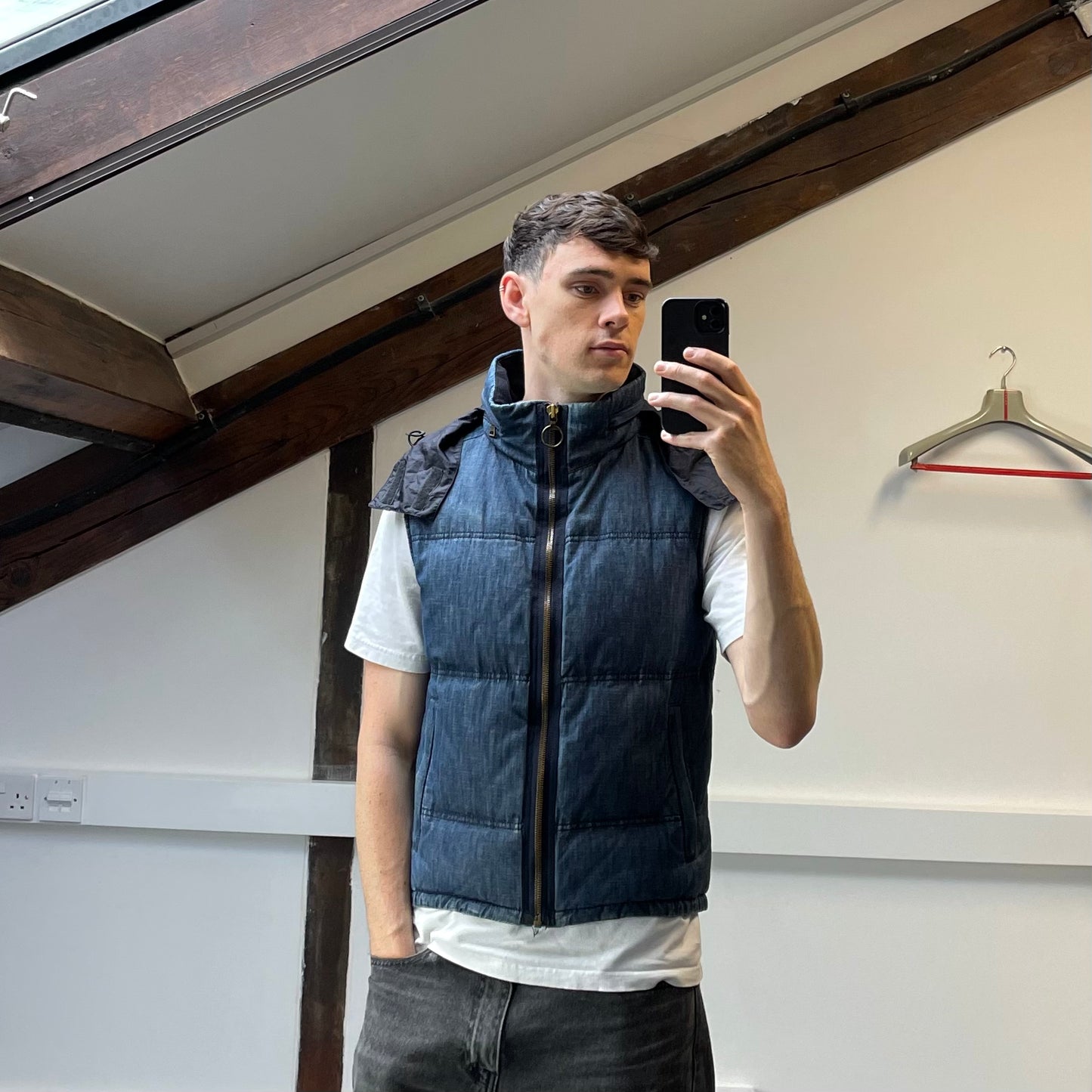 Prada Sport Blue Denim Down-Padded Gilet w/ Concealed Hood