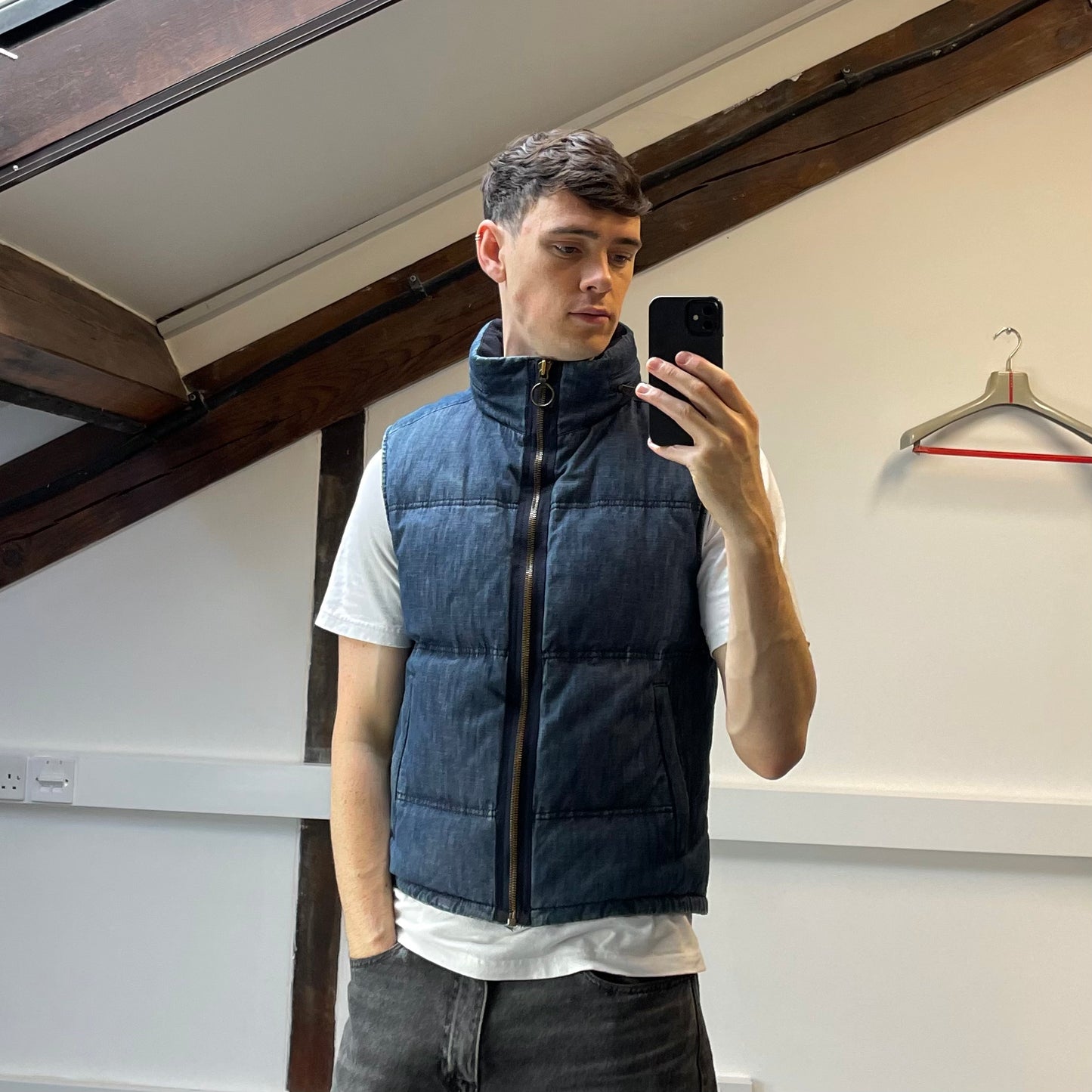 Prada Sport Blue Denim Down-Padded Gilet w/ Concealed Hood