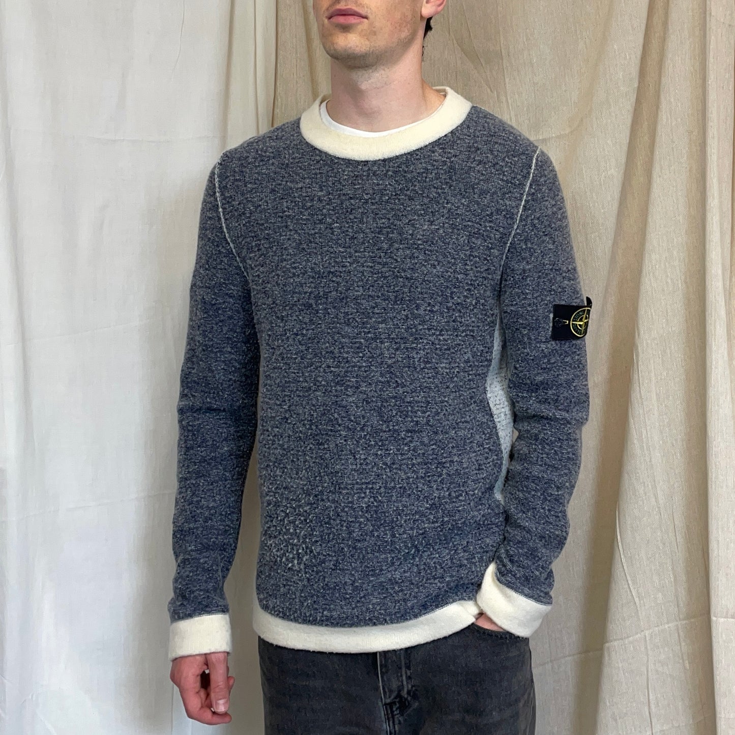 Stone Island Cream & Grey AW17 Wool Blend Tri-Tone Knit Crewneck Jumper