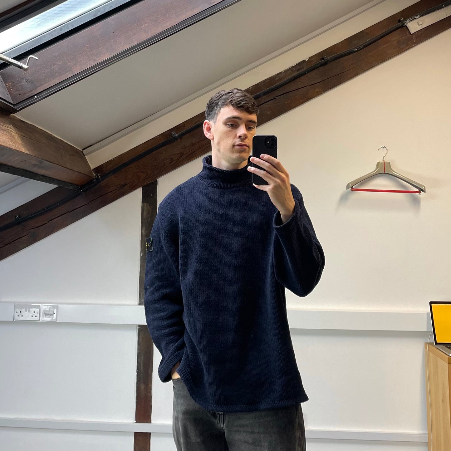 Stone Island Navy Chenille Knit Knit Jumper w/ Green Edge Badge AW98