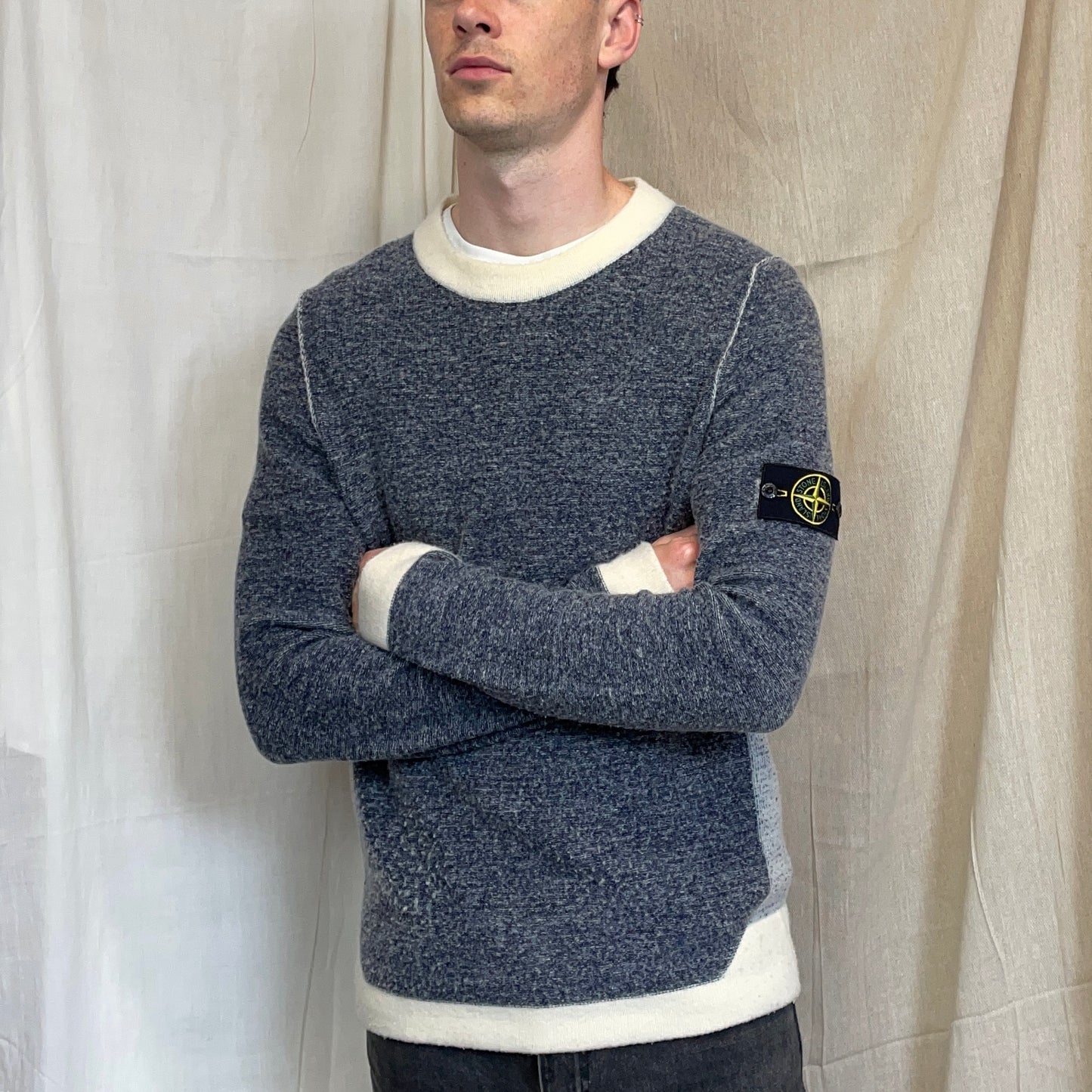 Stone Island Cream & Grey AW17 Wool Blend Tri-Tone Knit Crewneck Jumper