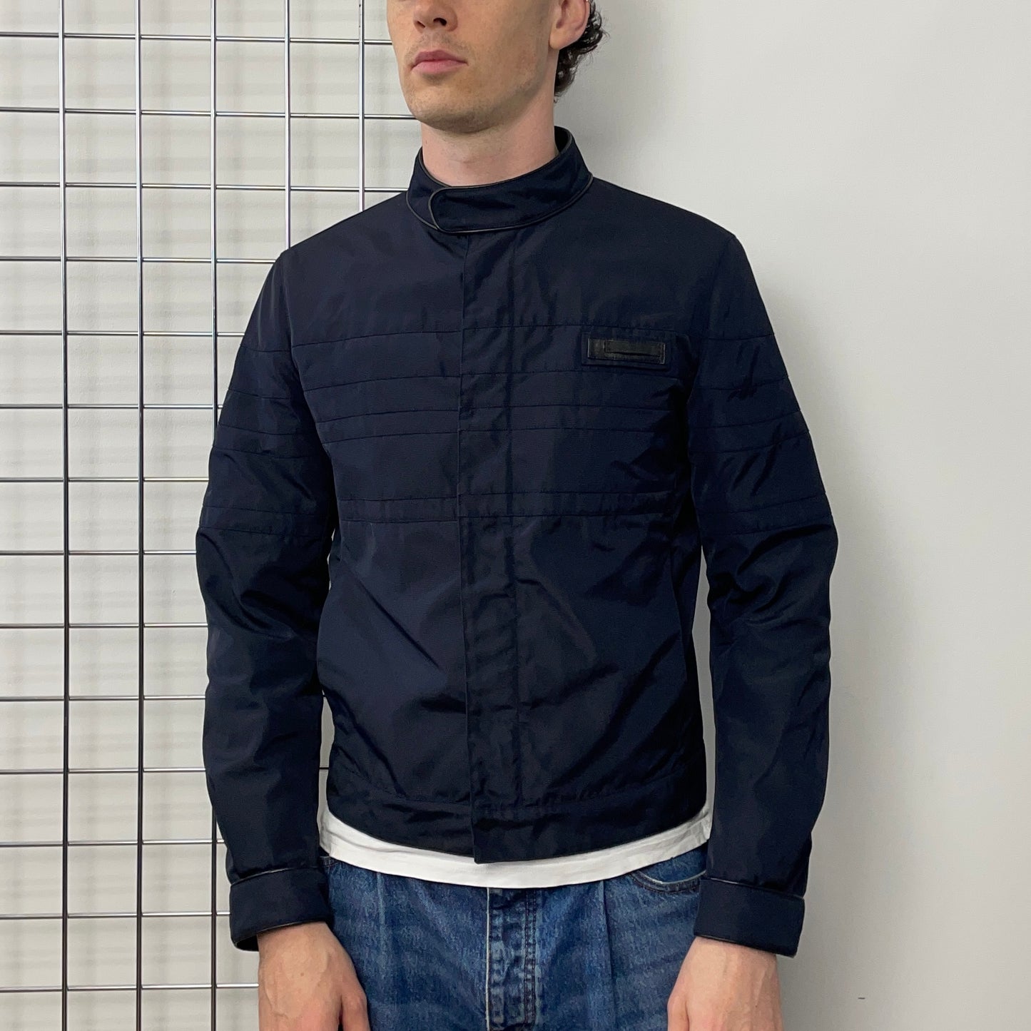 Prada Navy 2007 Leather Trim Biker Jacket