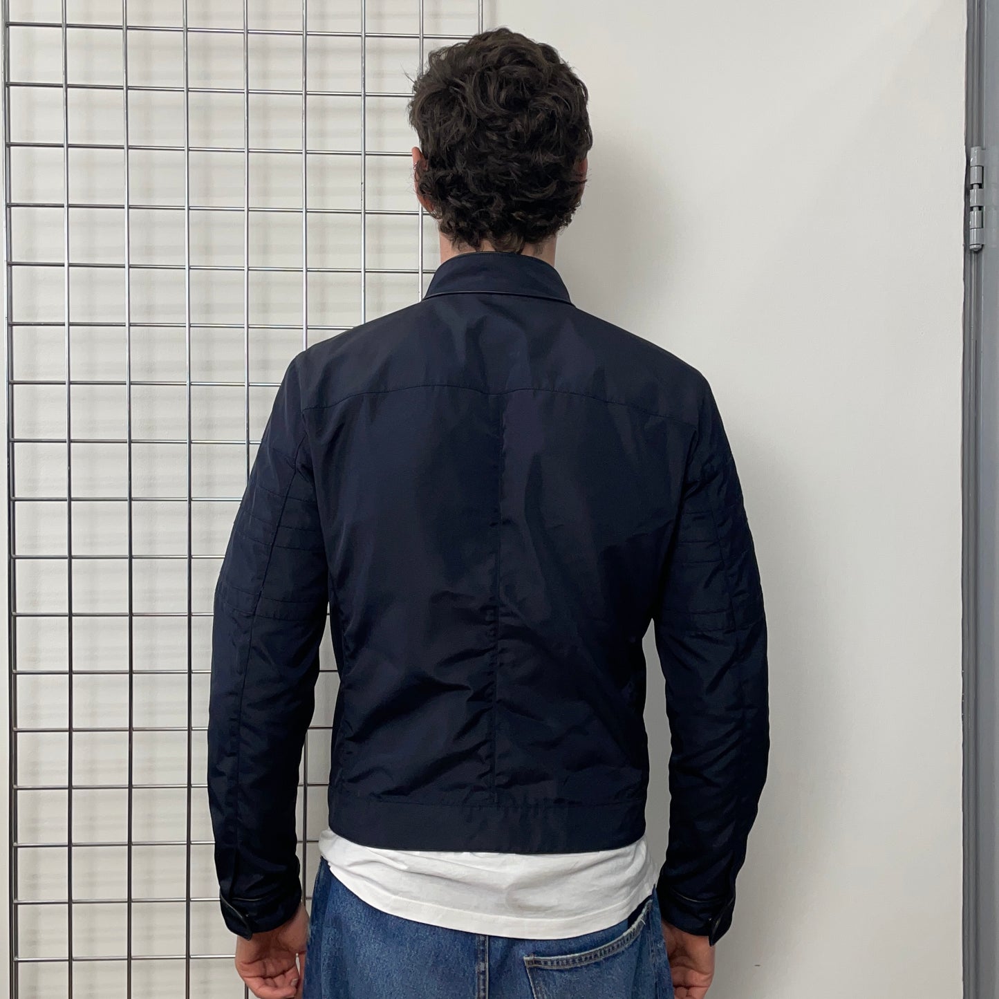 Prada Navy 2007 Leather Trim Biker Jacket