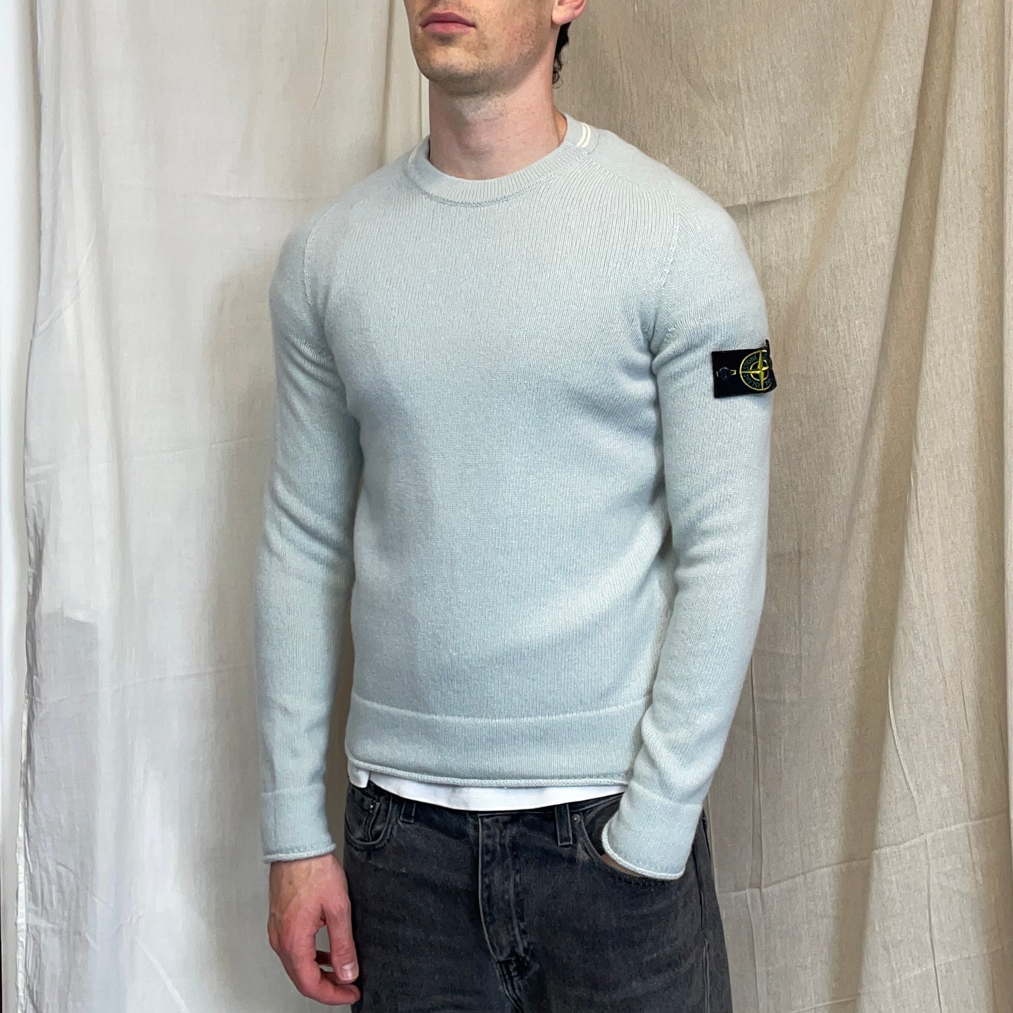Stone Island Light Blue AW19 Midweight Soft Knit Wool Crewneck Jumper