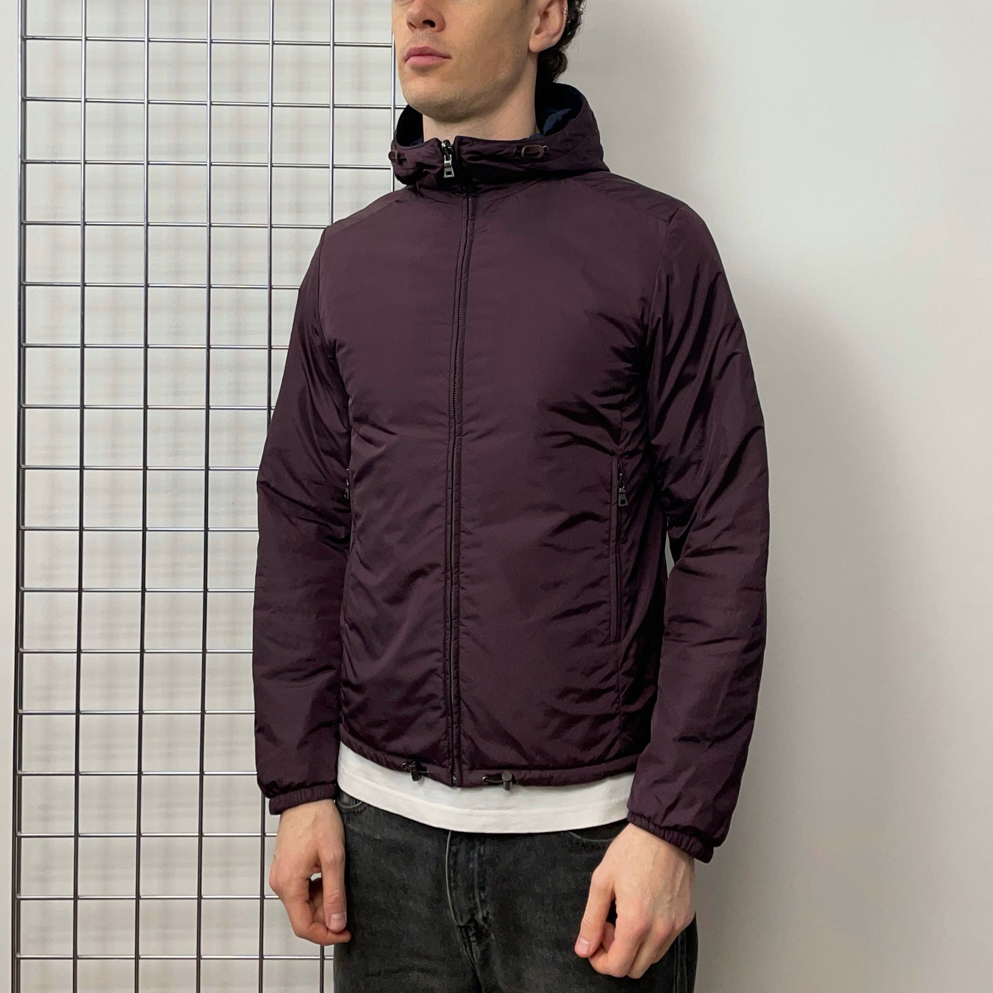 Prada Sport Navy & Burgundy 2013 Nylon Reversible Padded Hooded Jacket