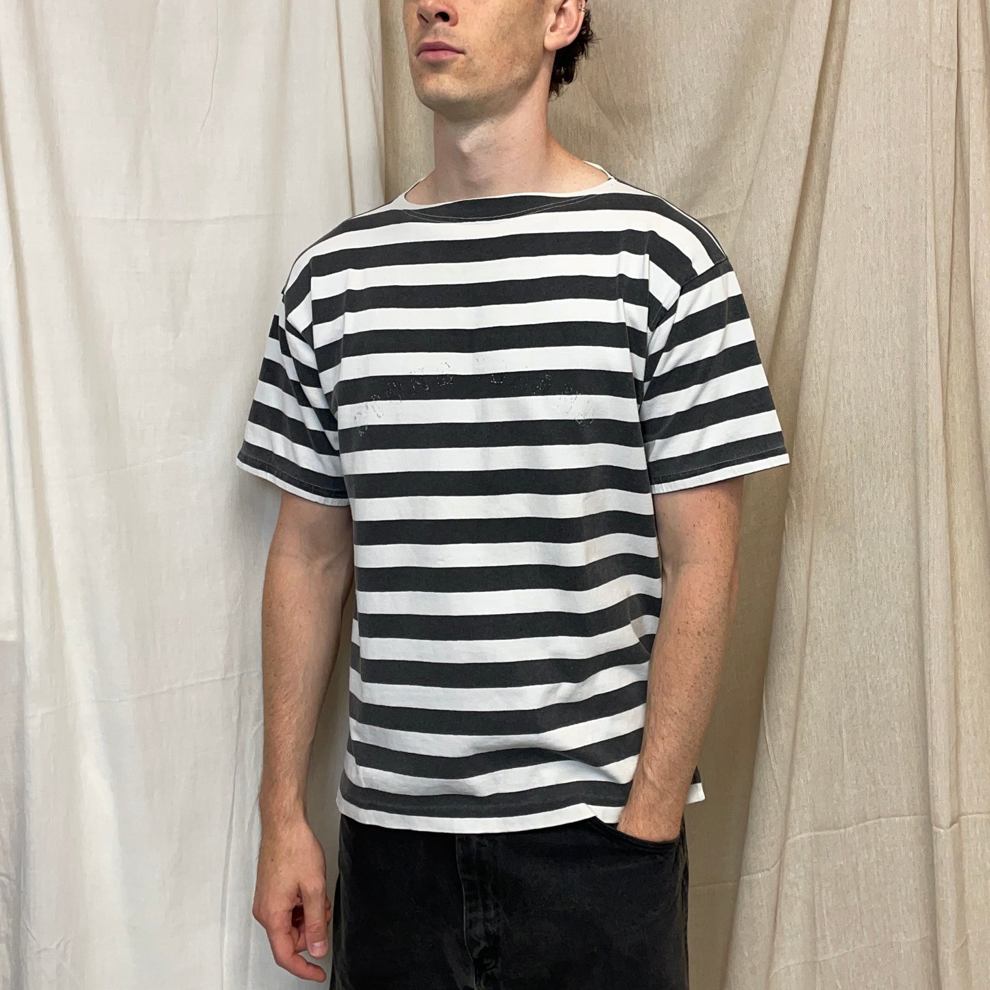 Stone Island Black & White 1980s Reflective Spellout Boat Neck T-Shirt