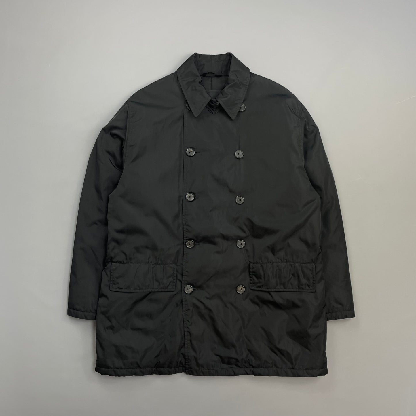 Prada Milano Black 90s Nylon Padded Button-Up Peacoat