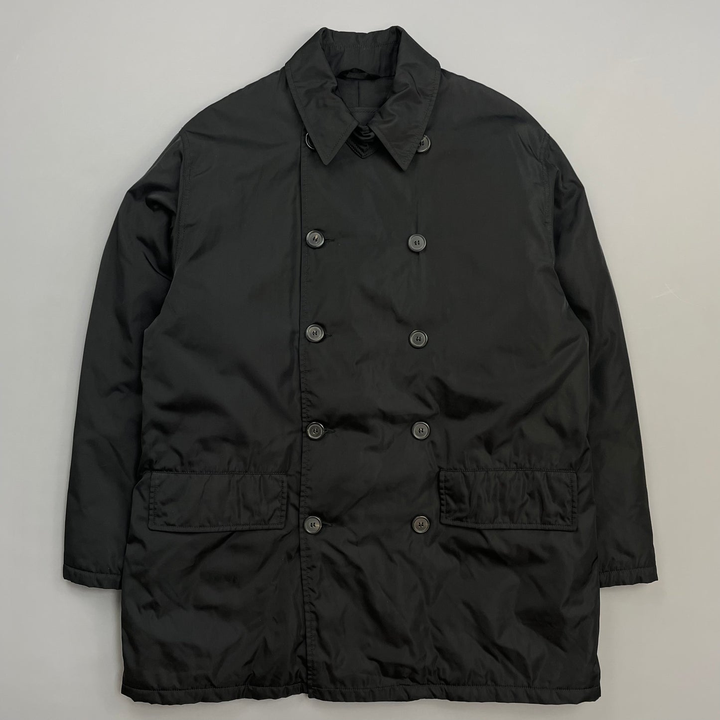 Prada Milano Black 90s Nylon Padded Button-Up Peacoat
