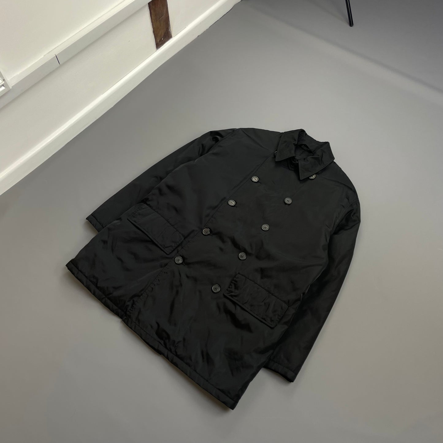 Prada Milano Black 90s Nylon Padded Button-Up Peacoat