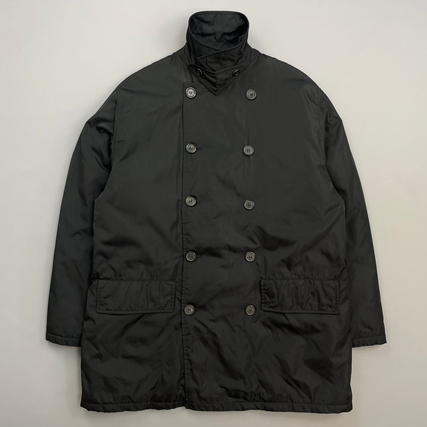 Prada Milano Black 90s Nylon Padded Button-Up Peacoat