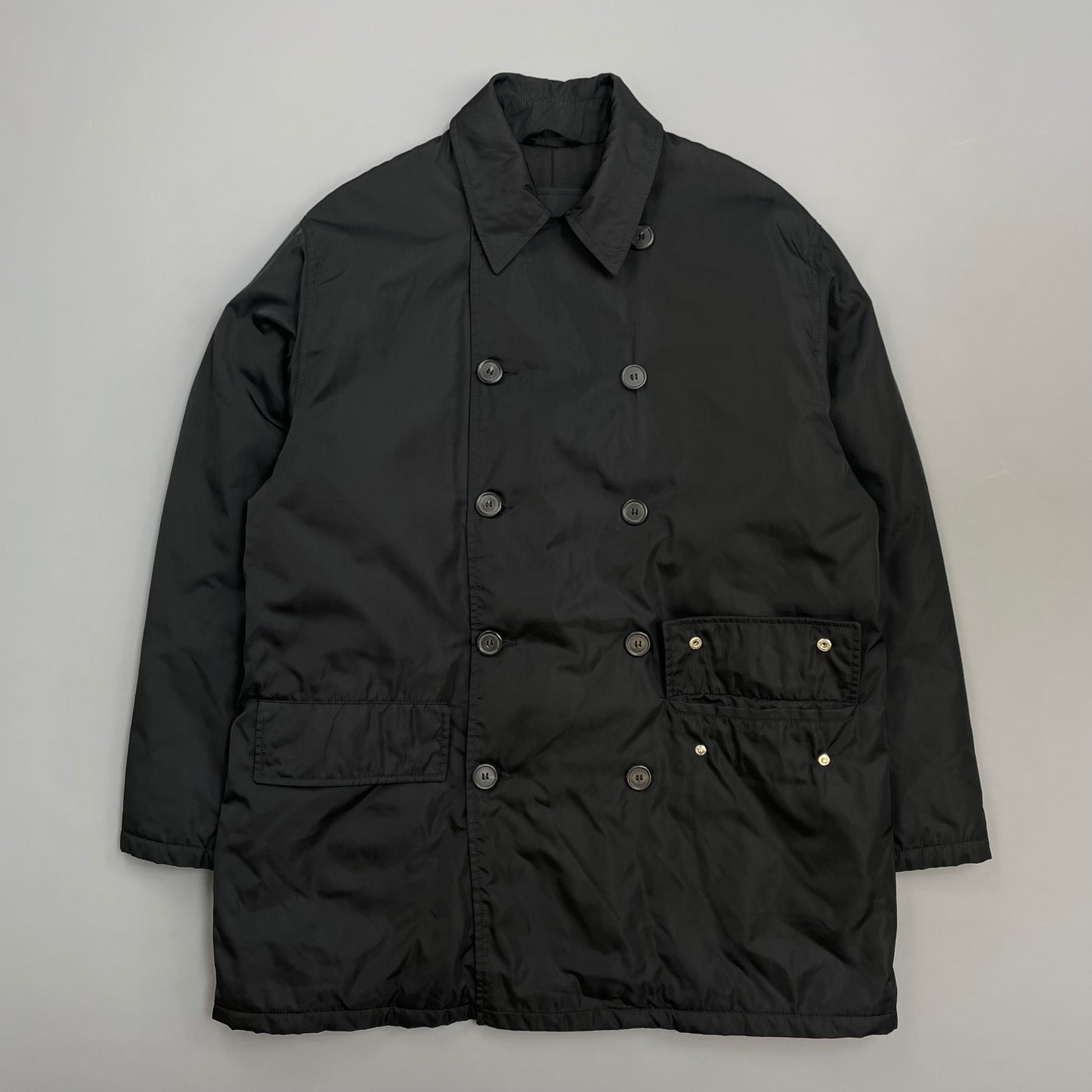 Prada Milano Black 90s Nylon Padded Button-Up Peacoat