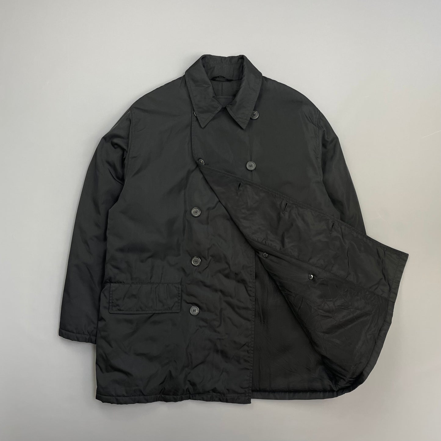 Prada Milano Black 90s Nylon Padded Button-Up Peacoat