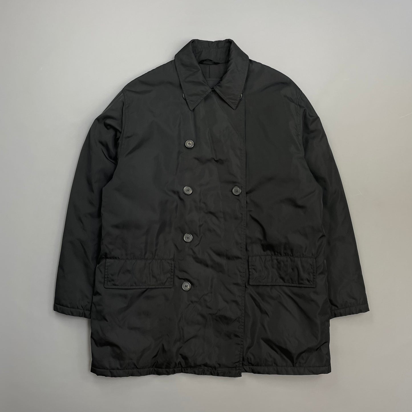 Prada Milano Black 90s Nylon Padded Button-Up Peacoat