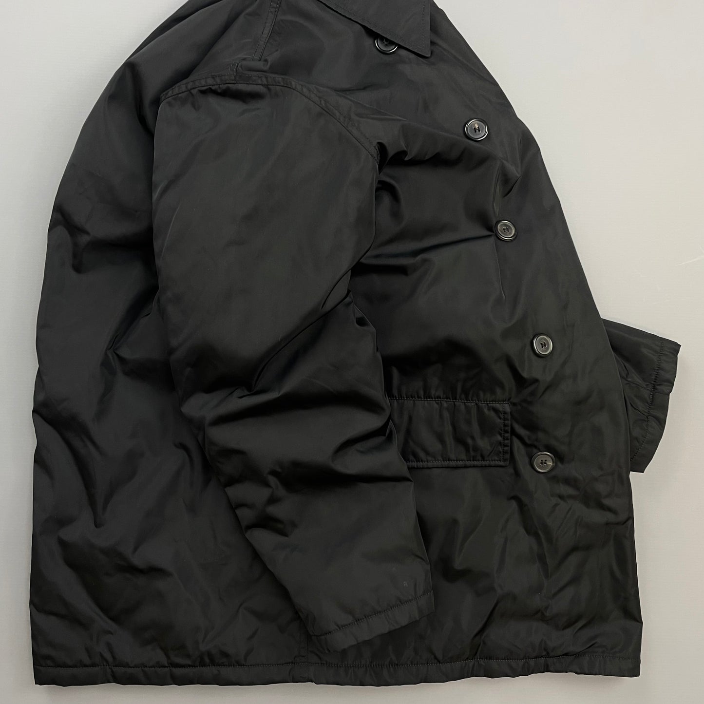 Prada Milano Black 90s Nylon Padded Button-Up Peacoat