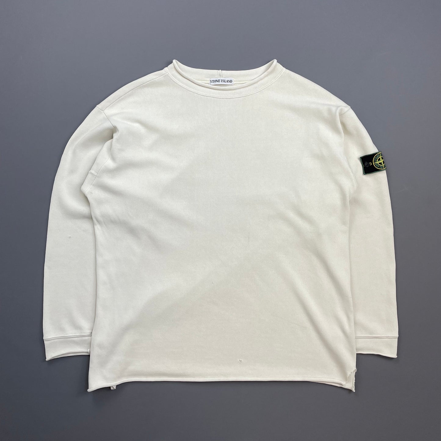 Stone Island Ivory White AW94 Raw-Edge Mockneck Heavy Cotton Green Edge Badge Jumper