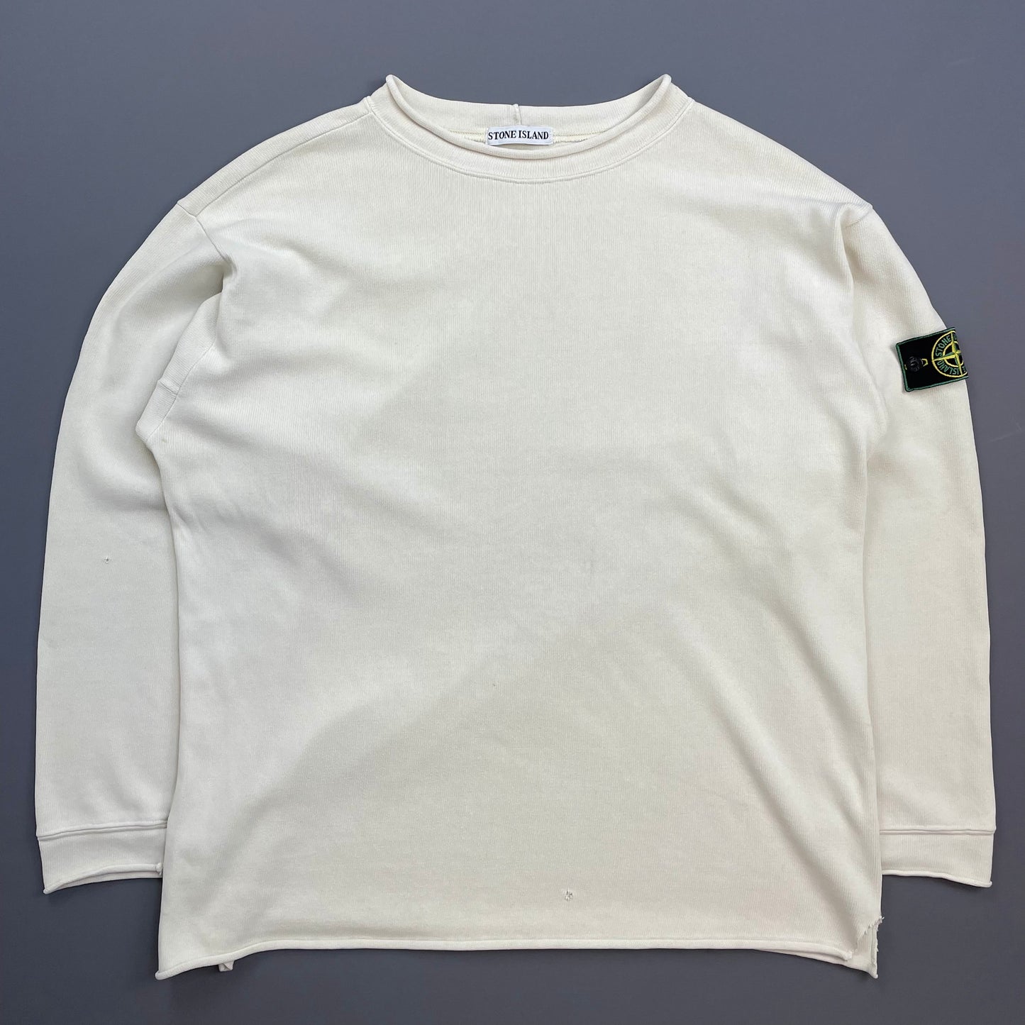 Stone Island Ivory White AW94 Raw-Edge Mockneck Heavy Cotton Green Edge Badge Jumper